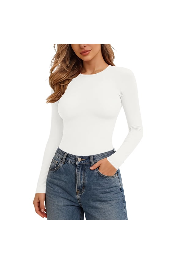 Women Long Sleeve Crew Neck Bodysuits Top Slim Fit Tummy Control Compression Basic Tee Shirts Shapewear