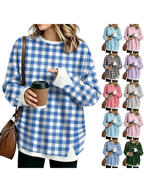 Women Long Sleeve Crew Neck Pullover Top Gingham Waffle Knit Sweatshirt Loose Fit Contrast Hem Design XL