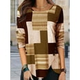 thumbnail image 1 of Women Long Sleeve Crew Neck Slim Fit Casual Geometric Color Blocking Print T Shirts Tops, 1 of 3