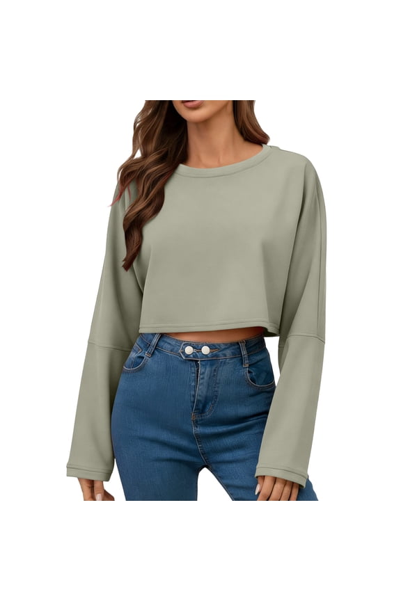 Women Long Sleeve Crewneck Crop Top Tee Shirt Sweatshirt Casual Solid Loose Fit Workout Cropped Pullover Tshirt
