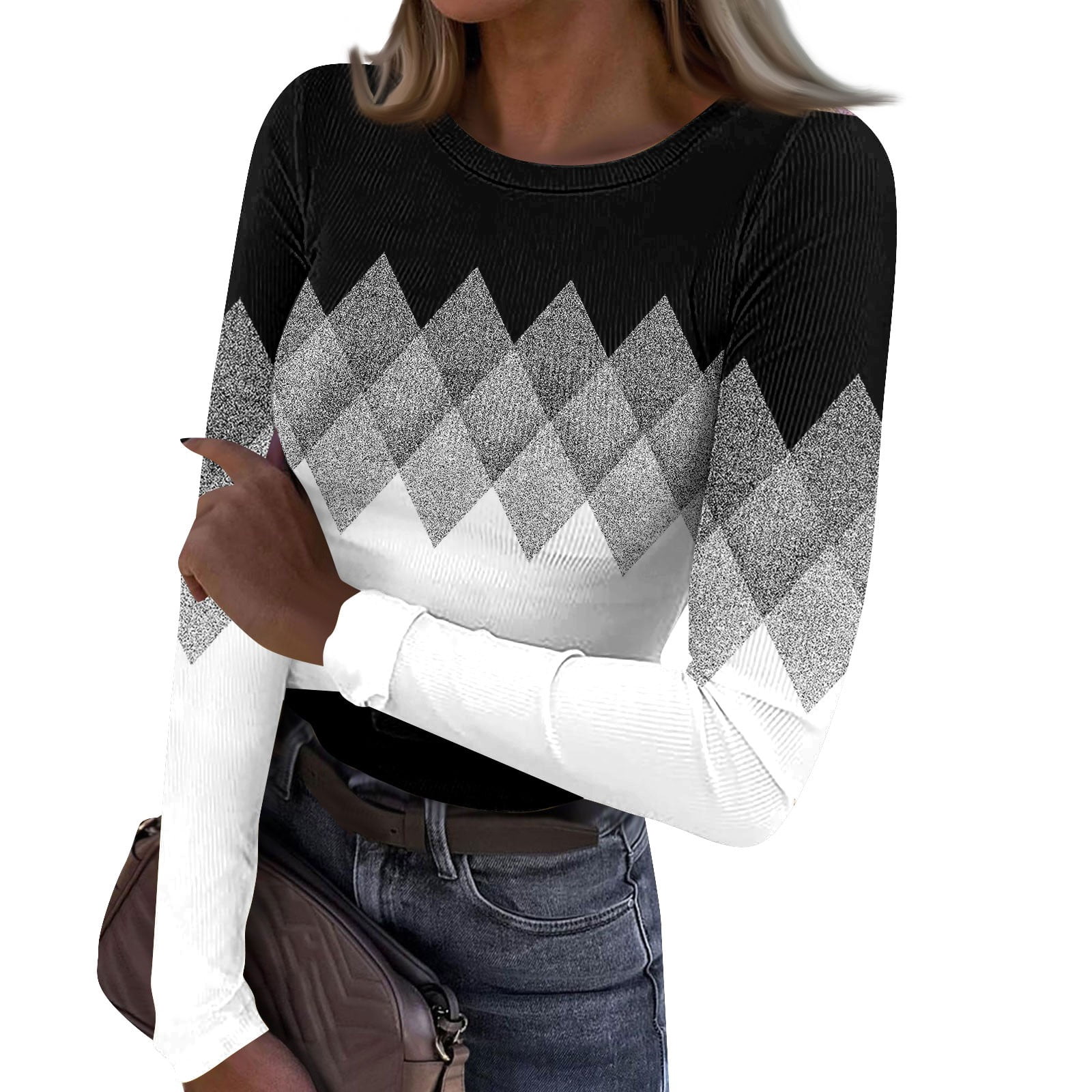 Women Long Sleeve Crewneck Rib Knit Slim Fit Ribbed Shirts Fall Casual ...
