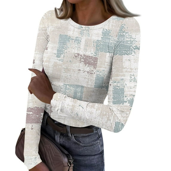 Women Long Sleeve Crewneck Rib Knit Slim Fit Ribbed Shirts Fall Casual T-Shirt Workout Tees