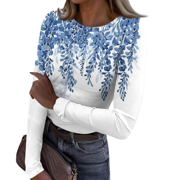 Women Long Sleeve Crewneck Rib Knit Slim Fit Shirts Basic Tee Tops Casual T-Shirt Thermal Base Layer