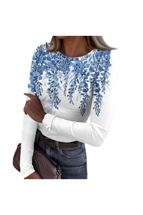 Women Long Sleeve Crewneck Rib Knit Slim Fit Shirts Basic Tee Tops Casual T-Shirt Thermal Base Layer