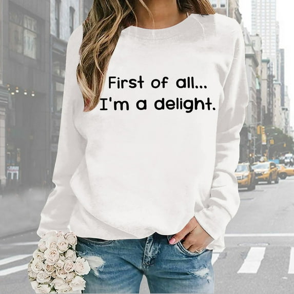 Women Long Sleeve Crewneck Sweatshirts Letter Printed Lightweight Loose Sweatshirts Blouse Top Half Hoodies Women Auntie Sweatshirt for Women Baggy Long Sleeve Band Hoodies Women Zip Womens Hoodies