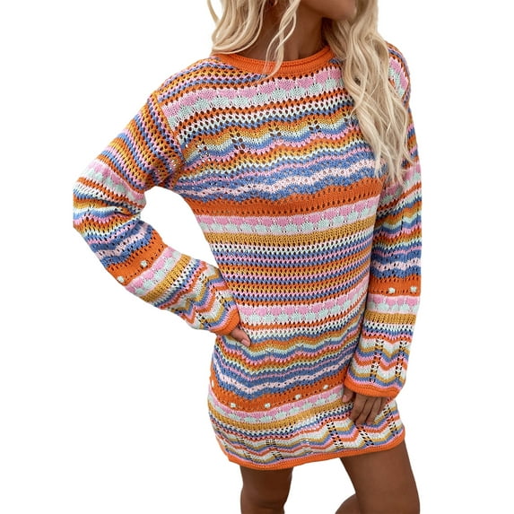 Women Long Sleeve Crochet Dress Boho Casual Hollow Out Striped Short Dress Knit Sweater Mini Dress