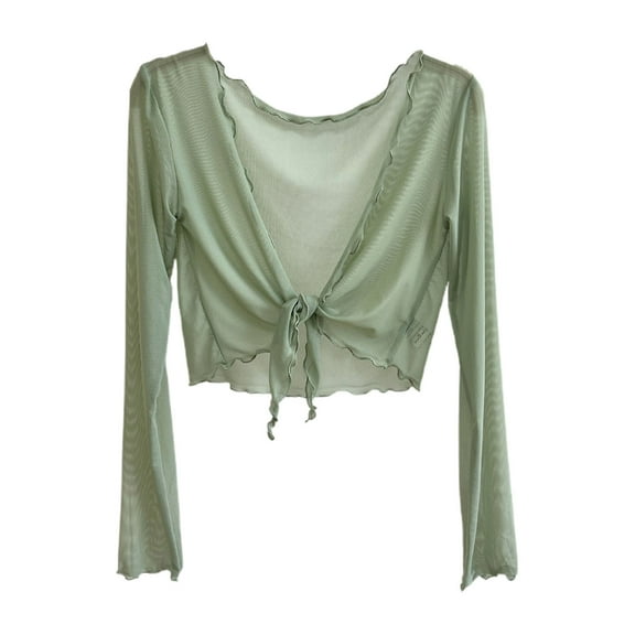 Women Long Sleeve Crochet Top Tie Front Cropped Cardigan Hollow Out Mesh Bolero Shrug Lightweight Short Bolero Cardigan