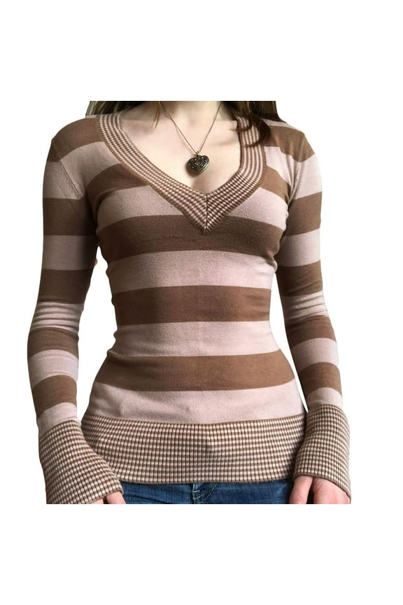 Women Long Sleeve Crop Fitted Tight Sexy Tops Vintage Fairycore Teen Girls Slim Fit Striped Graphic Printed Cropped