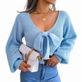 thumbnail image 1 of Women Long Sleeve Crop Front Bowknot Ribbed Knit Pullover Sweaters Fall Winter V Neck Crop Tops Pullover Blue M, 1 of 8