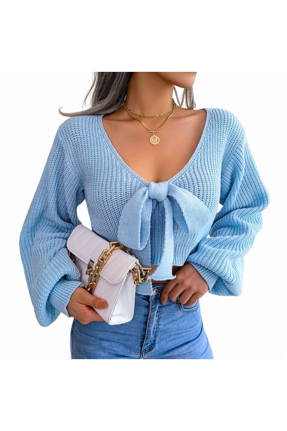 Women Long Sleeve Crop Front Bowknot Ribbed Knit Pullover Sweaters Fall Winter V Neck Crop Tops Pullover Blue M