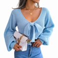 thumbnail image 1 of Women Long Sleeve Crop Front Bowknot Ribbed Knit Pullover Sweaters Fall Winter V Neck Crop Tops Pullover Blue S, 1 of 8