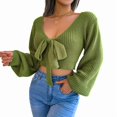 thumbnail image 1 of Women Long Sleeve Crop Front Bowknot Ribbed Knit Pullover Sweaters Fall Winter V Neck Crop Tops Pullover Green L, 1 of 8