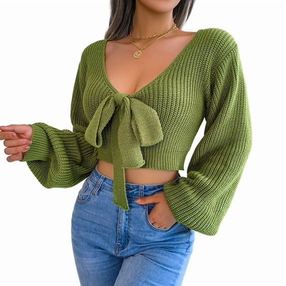 Women Long Sleeve Crop Front Bowknot Ribbed Knit Pullover Sweaters Fall Winter V Neck Crop Tops Pullover Green M