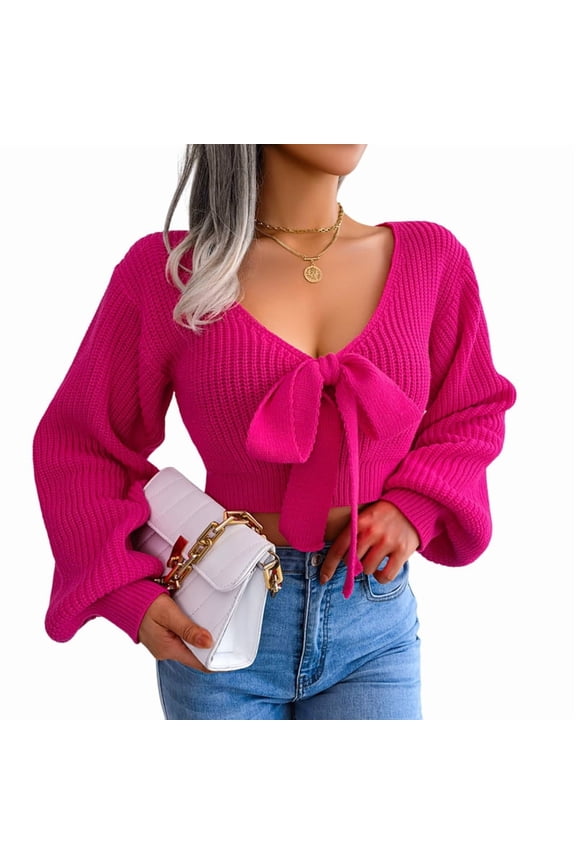 Women Long Sleeve Crop Front Bowknot Ribbed Knit Pullover Sweaters Fall Winter V Neck Crop Tops Pullover Rose Red M