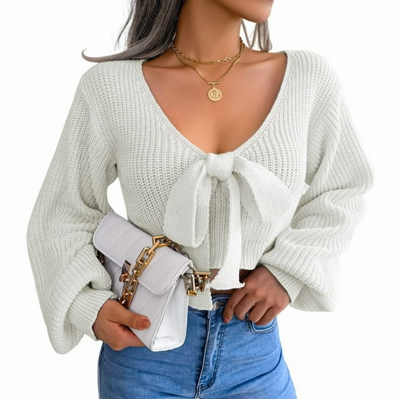 Women Long Sleeve Crop Front Bowknot Ribbed Knit Pullover Sweaters Fall Winter V Neck Crop Tops Pullover White S