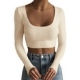 thumbnail image 1 of Women Long Sleeve Crop Top Deep Round Neck Solid Knit Slim Fit Tees Casual Spring Fall Streetwear, 1 of 4