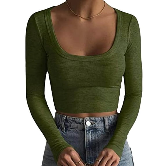 Women Long Sleeve Crop Top Square Neck Ribbed Knit Slim Fit Bodycon Skinny Cropped Tee Shirts Blouse Streetwear
