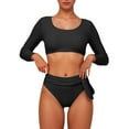 thumbnail image 1 of Women Long Sleeve Crop Top Two Piece Cheeky High Cut Thong Bikini Swimsuit Floral Rash Guard Bathing Suit Black L, 1 of 5