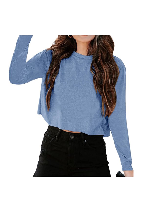 Women Long Sleeve Crop Tops Loose Crew Neck Drop Shoulder Casual Basic Tees