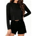 thumbnail image 1 of Women Long Sleeve Crop Tops Loose Crew Neck Drop Shoulder Casual Basic Tees, 1 of 5