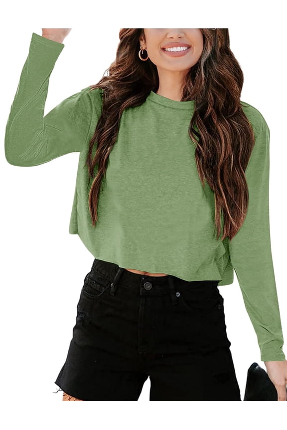 Women Long Sleeve Crop Tops Loose Crew Neck Drop Shoulder Casual Basic Tees