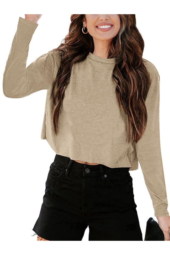 Women Long Sleeve Crop Tops Loose Crew Neck Drop Shoulder Casual Basic Tees