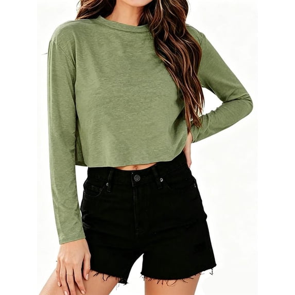 Women Long Sleeve Crop Tops Loose Crew Neck Drop Shoulder Casual Basic Tees