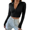 thumbnail image 1 of Women Long Sleeve Crop Tops Mock Turtle-Neck Tops Zip Up Crop Top for Women Fitted Cropped Shirts Trendy, 1 of 6