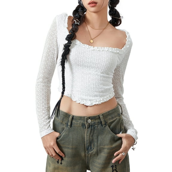Women Long Sleeve Crop Tops Solid Color Lace Shirt Casual Pullovers for Club Streetwear Aesthetic Grunge Clothes