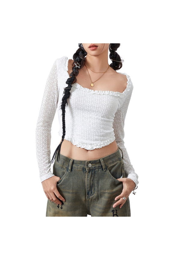 Women Long Sleeve Crop Tops Solid Color Lace Shirt Casual Pullovers for Club Streetwear Aesthetic Grunge Clothes