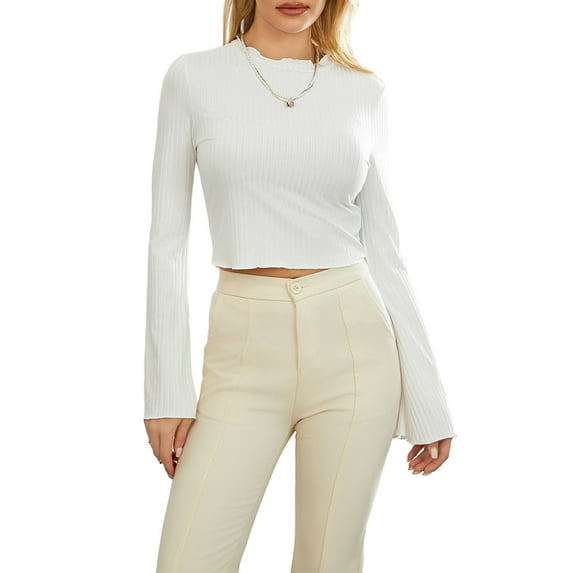 Women Long Sleeve Crop Tops Solid Color Ribbed T-Shirts Spring Fall Casual Slim Fit Shirts