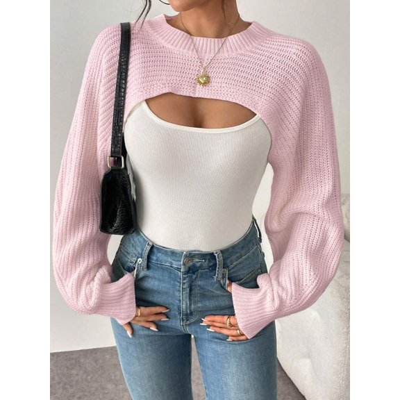 Women Long Sleeve Cropped Shrug Sweater Hollow Out Pullover Casual Going Out Top