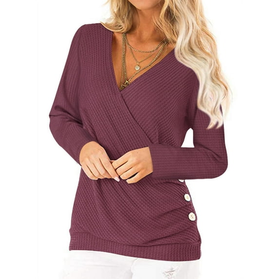 Women Long Sleeve Crossed Surplice Button Tops