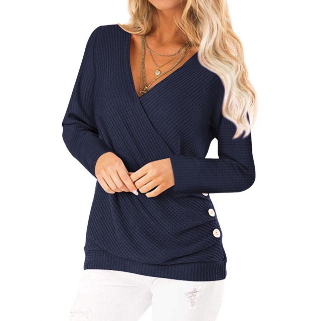 Women Long Sleeve Crossed Surplice Button Tops
