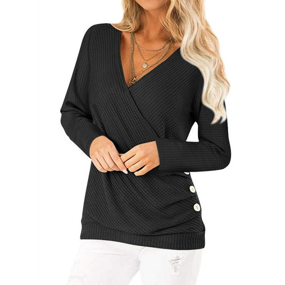 Women Long Sleeve Crossed Surplice Button Tops