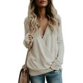 thumbnail image 1 of Women Long Sleeve Deep V Neck Knit Sweater Wrap Front Loose Tops Pullover Jumpers for Women, 1 of 6