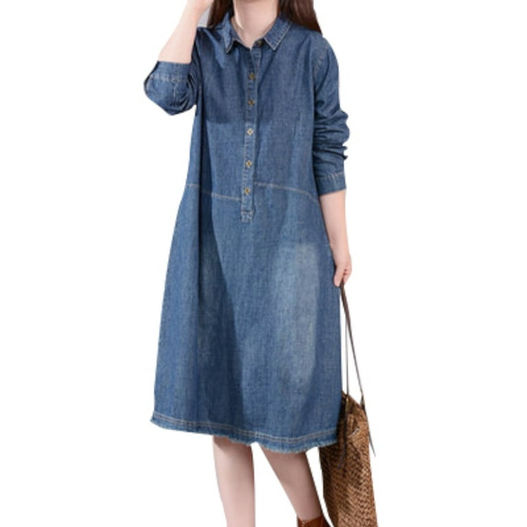 Women Long Sleeve Denim Dress Autumn Midi Jeans Dresses Solid Collor  Buttons Pullover Tunic Women Denim Shirts Dress 