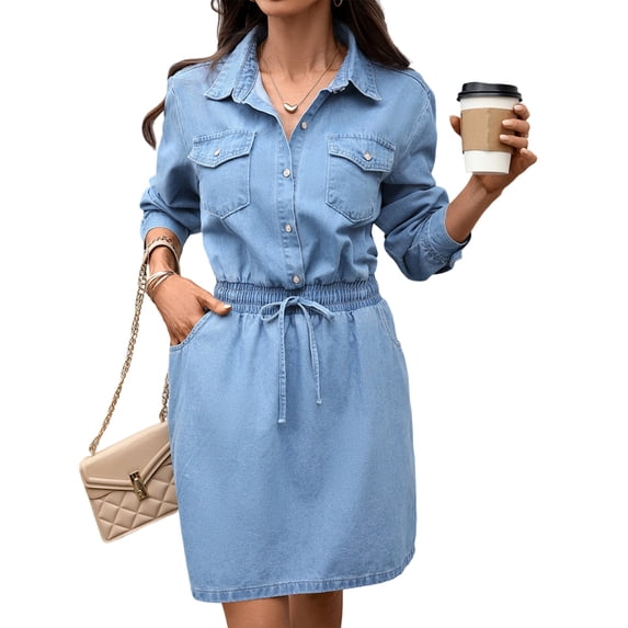 Women Long Sleeve Denim Dress Tie Waist Button Down Jean Mini Dresses with Pockets Blue S