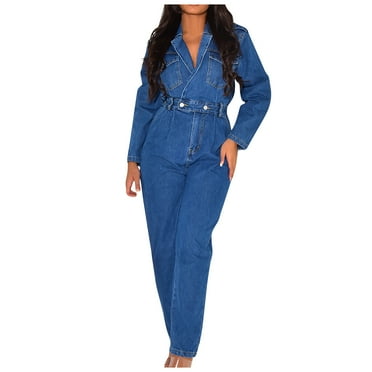 Women Long Sleeve Denim Jumpsuit V Neck Collared Elastic Waistband Fashion One Piece Jeans Romper with Pockets