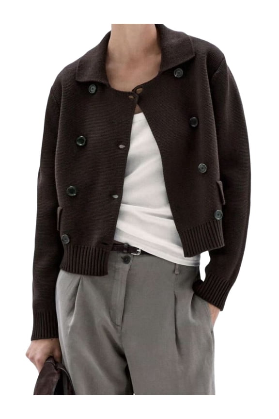 Women Long Sleeve Double Breasted Notched Lapel Casual Loose Fit Cropped Cardigan with Pockets Brown M