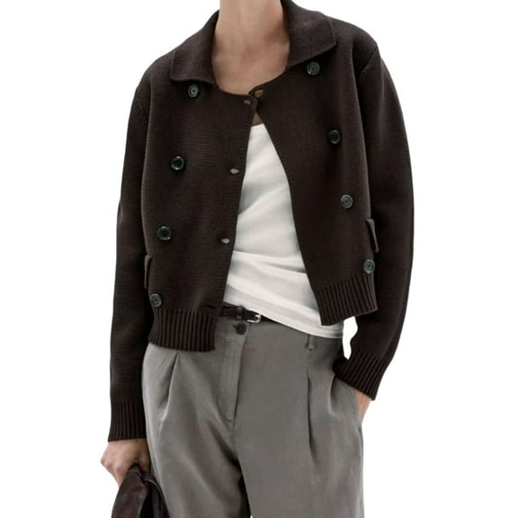 Women Long Sleeve Double Breasted Notched Lapel Casual Loose Fit Cropped Cardigan with Pockets Brown S