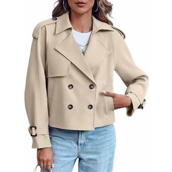 Women Long Sleeve Double Breasted Notched Lapel Casual Loose Fit Cropped Trench Jackets with Pockets Beige M