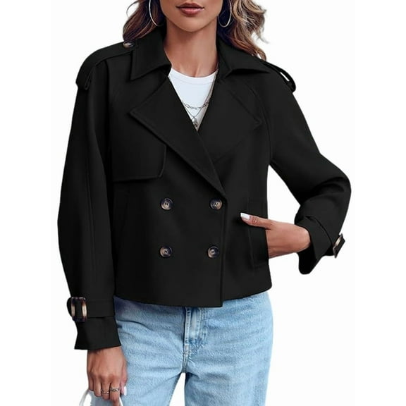 Women Long Sleeve Double Breasted Notched Lapel Casual Loose Fit Cropped Trench Jackets with Pockets Black S