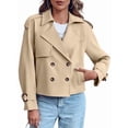 thumbnail image 1 of Women Long Sleeve Double Breasted Notched Lapel Casual Loose Fit Cropped Trench Jackets with Pockets Light Khaki XL, 1 of 8