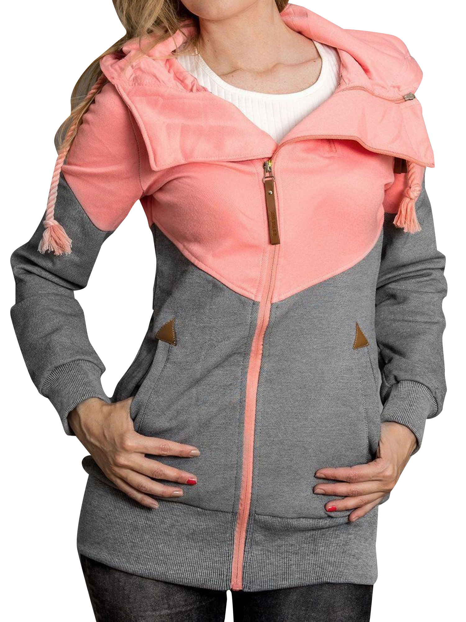 Women Long Sleeve Double Zipper Colorblock Asymmetric Hoodie
