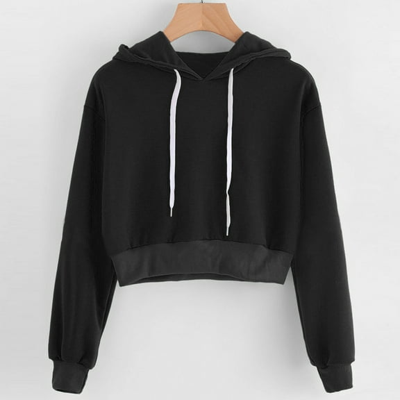 Women Long Sleeve Drawstring Crop Sweatshirt Crop Top Hoodie Pullover Top Blouse Black M