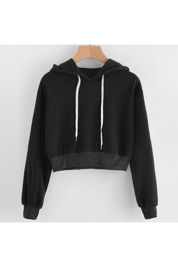 Women Long Sleeve Drawstring Crop Sweatshirt Crop Top Hoodie Pullover Top Blouse Black M