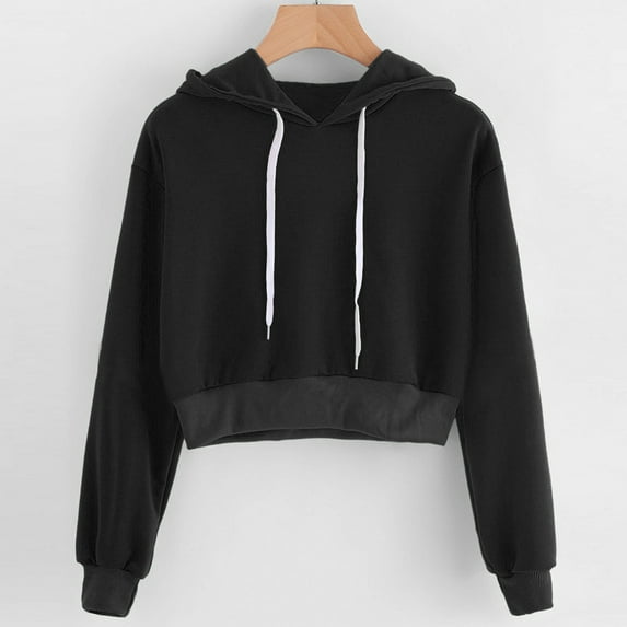 Women Long Sleeve Drawstring Crop Sweatshirt Crop Top Hoodie Pullover Top Blouse Black S
