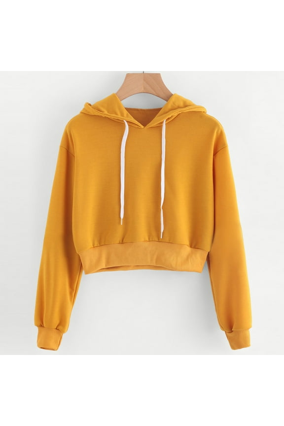 Women Long Sleeve Drawstring Crop Sweatshirt Crop Top Hoodie Pullover Top Blouse Yellow L