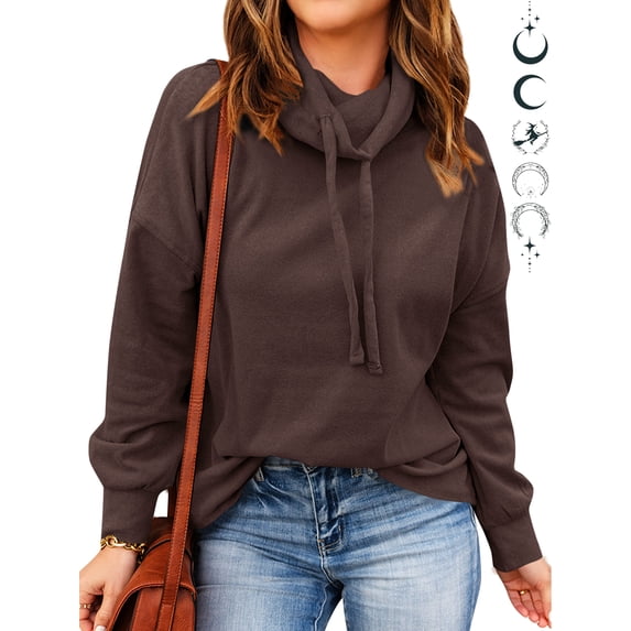 Women Long Sleeve Drawstring High Neck Solid Color Loose Fit Sweatshirts